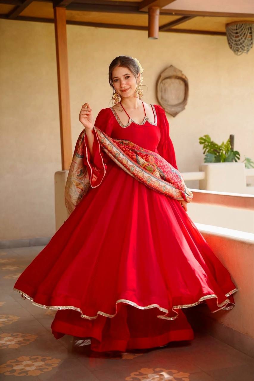 RED TABBY SILK ANARKALI SUIT SET