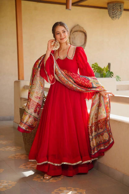 RED TABBY SILK ANARKALI SUIT SET