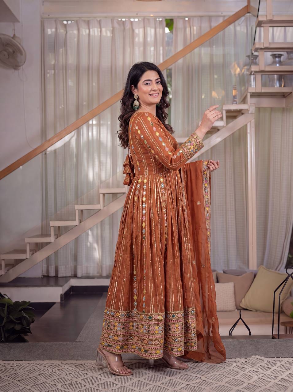 RUST ORANGE ANARKALI GOWN SUIT SET