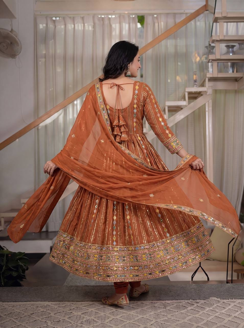 RUST ORANGE ANARKALI GOWN SUIT SET