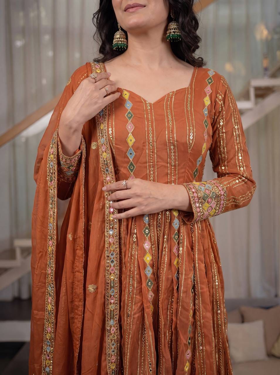RUST ORANGE ANARKALI GOWN SUIT SET