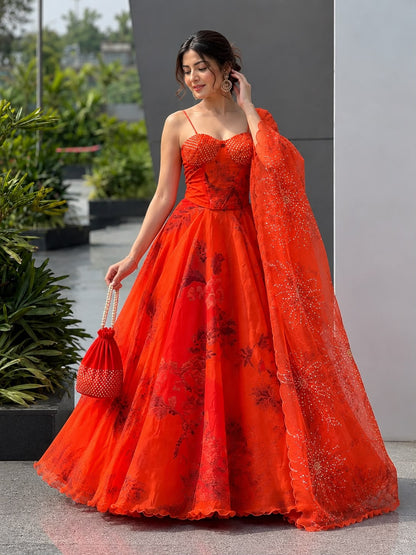 ORANGE DESIGNER ORGANZA LEHENGA SET WITH CO-ORD SET BLOUSE , DUPATTA & BATWA