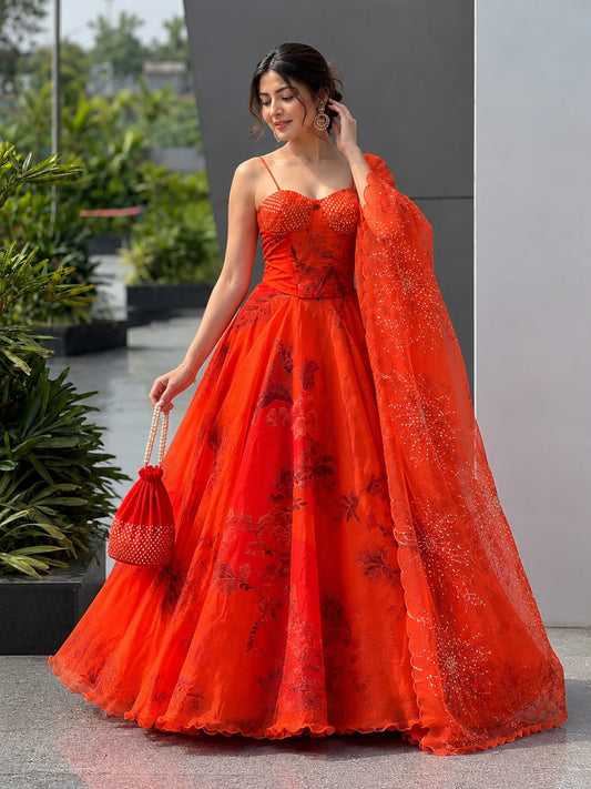 ORANGE DESIGNER ORGANZA LEHENGA SET WITH CO-ORD SET BLOUSE , DUPATTA & BATWA