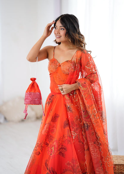 ORANGE DESIGNER ORGANZA LEHENGA SET WITH CO-ORD SET BLOUSE , DUPATTA & BATWA