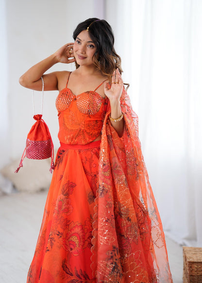 ORANGE DESIGNER ORGANZA LEHENGA SET WITH CO-ORD SET BLOUSE , DUPATTA & BATWA