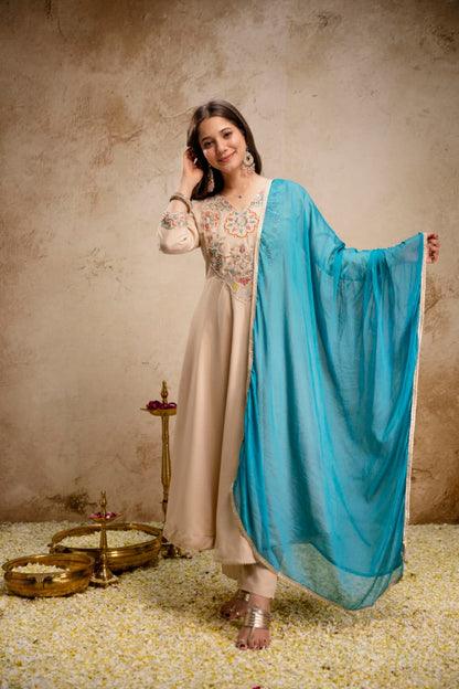 BEIGE ANARKALI GOWN SET WITH DUPATTA