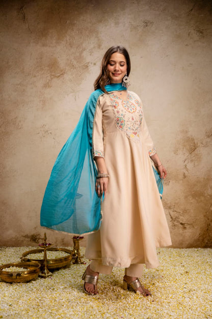 BEIGE ANARKALI GOWN SET WITH DUPATTA