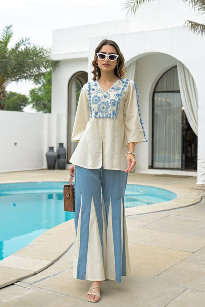 IVORY BLUE MIRROR RESHAM WORK COTTON CO-ORD SET