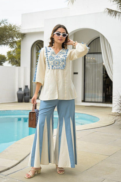 IVORY BLUE MIRROR RESHAM WORK COTTON CO-ORD SET
