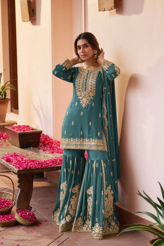 GREY CHINON SILK EMBROIDERED PAKISTHANI SHARARA SUIT