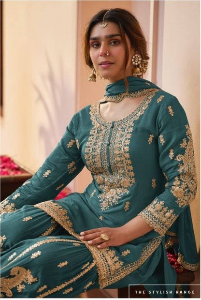 GREY CHINON SILK EMBROIDERED PAKISTHANI SHARARA SUIT