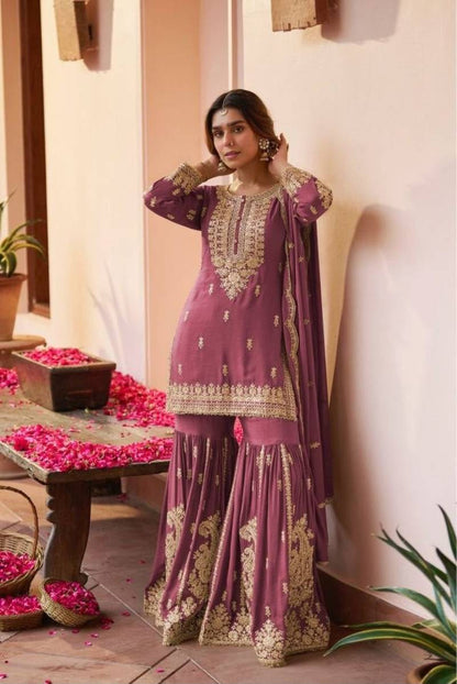 GREY CHINON SILK EMBROIDERED PAKISTHANI SHARARA SUIT