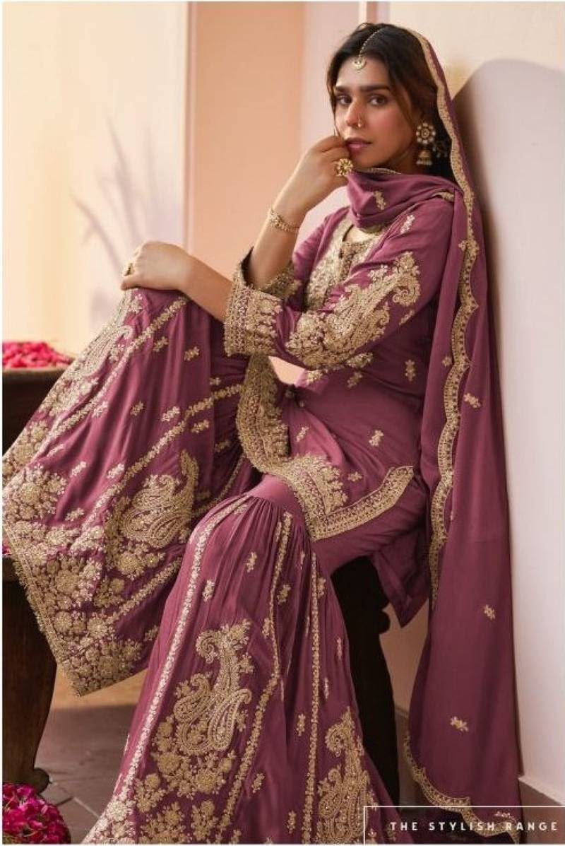 GREY CHINON SILK EMBROIDERED PAKISTHANI SHARARA SUIT