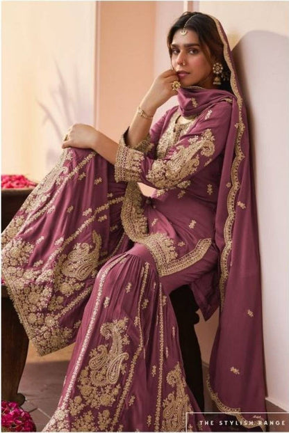 GREY CHINON SILK EMBROIDERED PAKISTHANI SHARARA SUIT