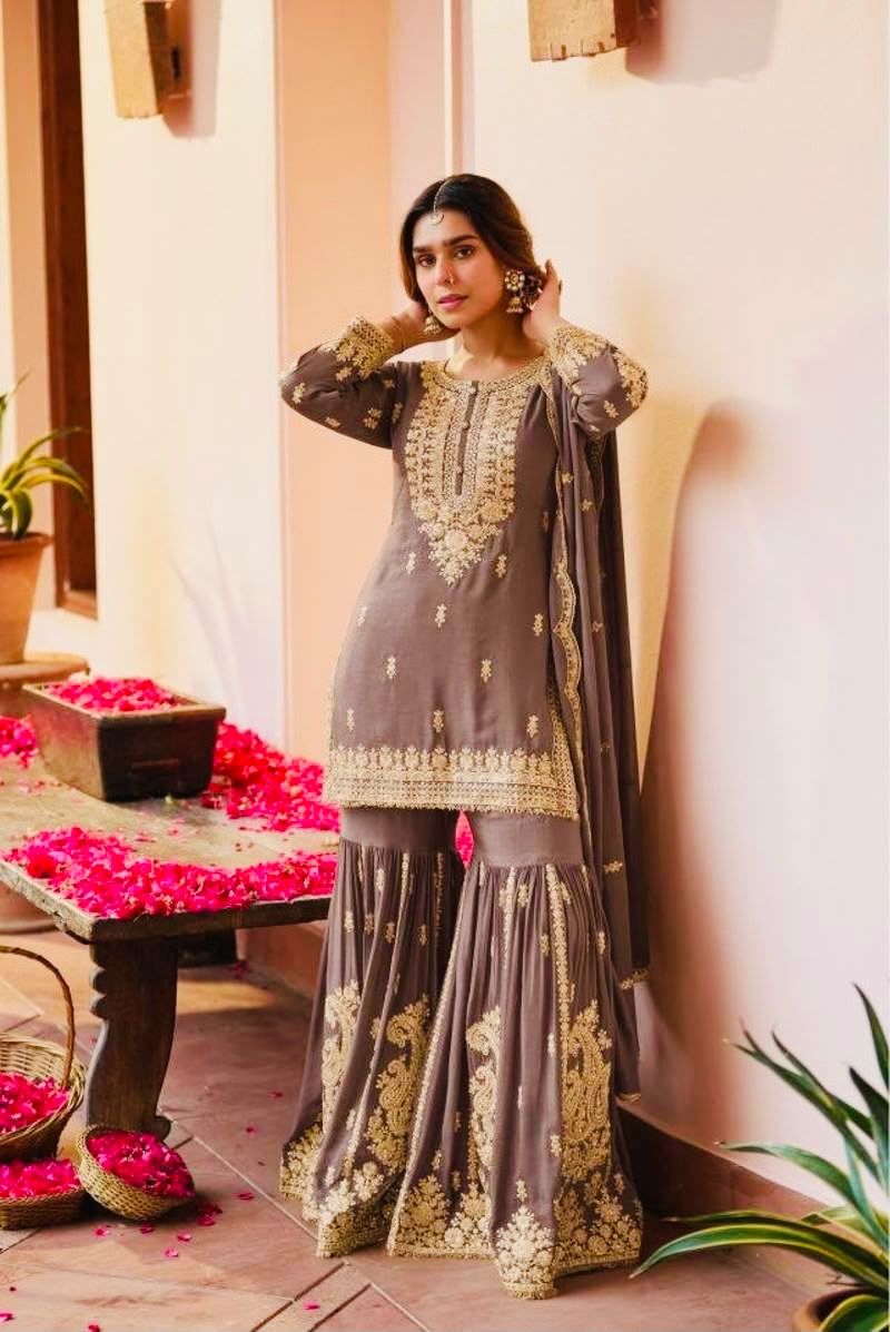 GREY CHINON SILK EMBROIDERED PAKISTHANI SHARARA SUIT