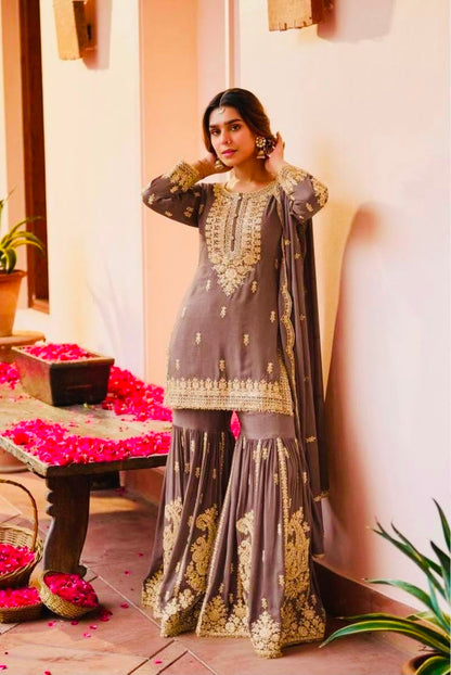 GREY CHINON SILK EMBROIDERED PAKISTHANI SHARARA SUIT