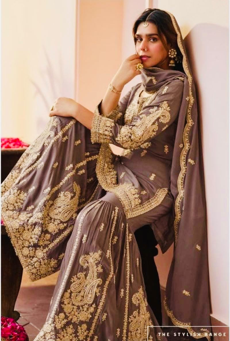 GREY CHINON SILK EMBROIDERED PAKISTHANI SHARARA SUIT