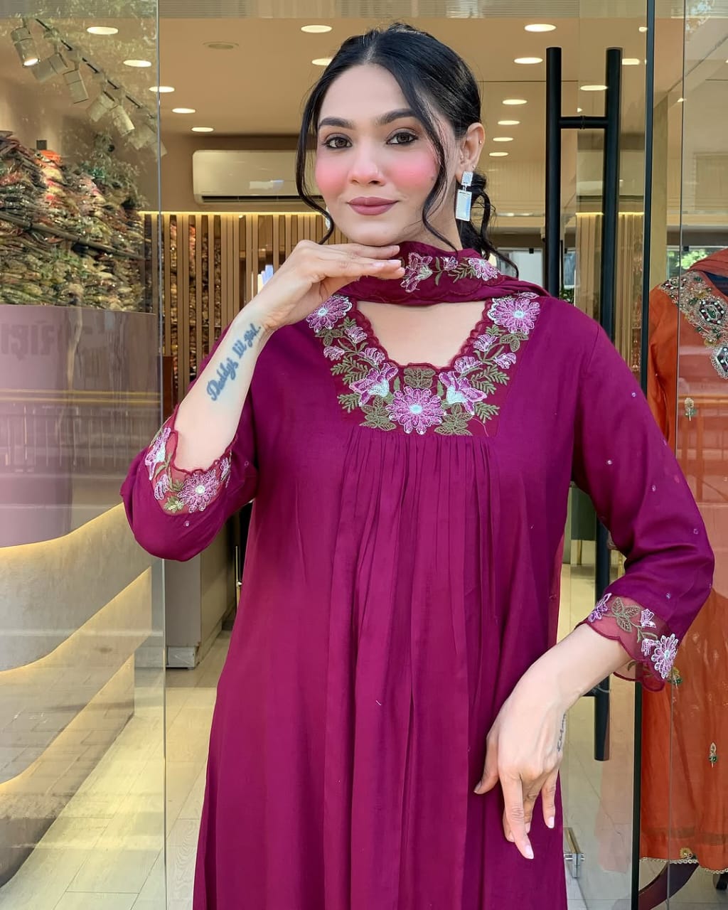 WINE COTTON ANARKALI KURTA SET WITH EMBROIDERED YOKE