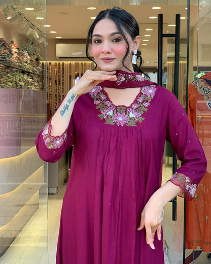 WINE COTTON ANARKALI KURTA SET WITH EMBROIDERED YOKE