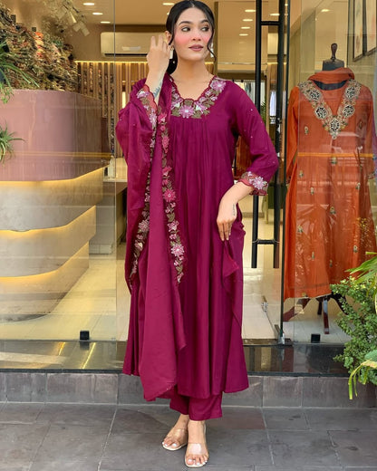 WINE COTTON ANARKALI KURTA SET WITH EMBROIDERED YOKE