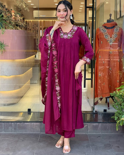 WINE COTTON ANARKALI KURTA SET WITH EMBROIDERED YOKE