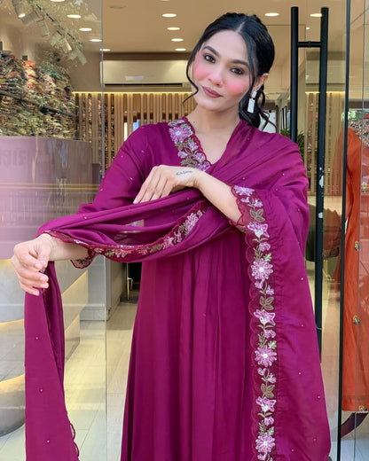 WINE COTTON ANARKALI KURTA SET WITH EMBROIDERED YOKE