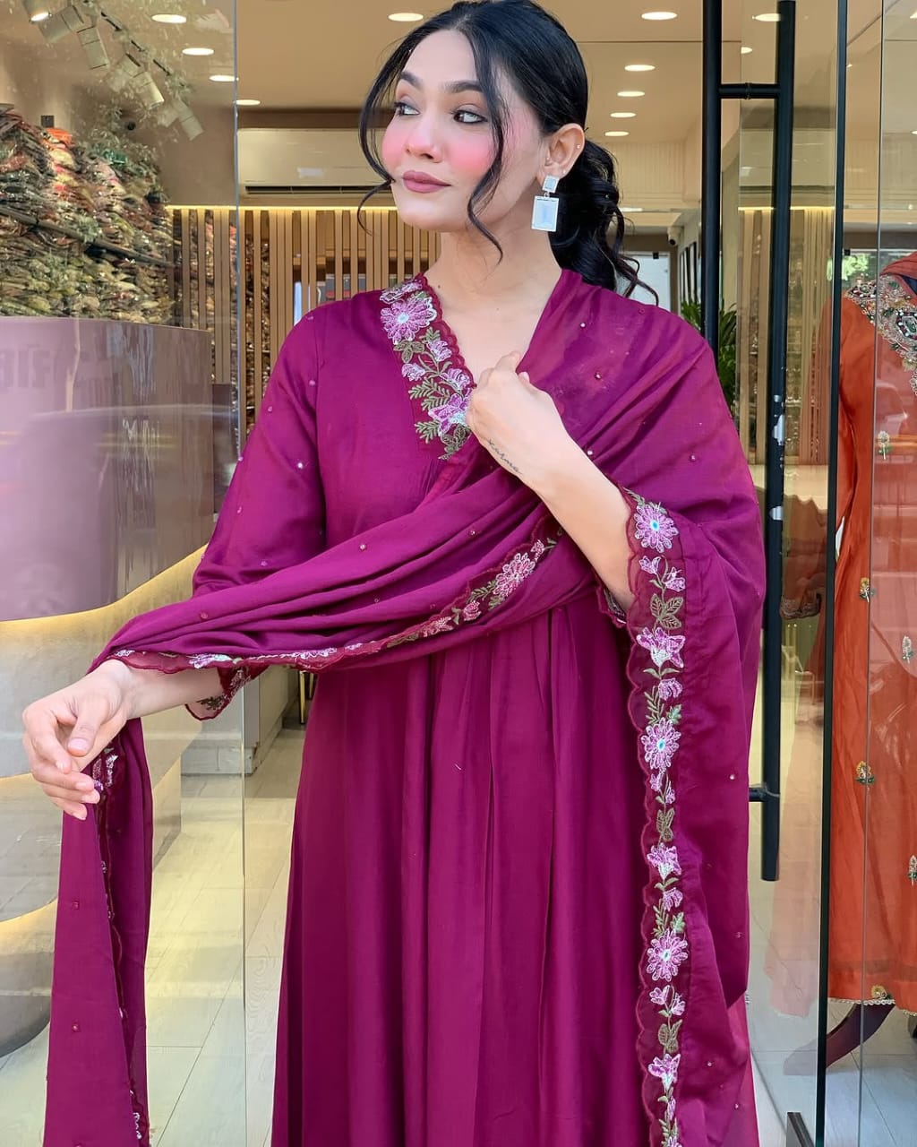 WINE COTTON ANARKALI KURTA SET WITH EMBROIDERED YOKE