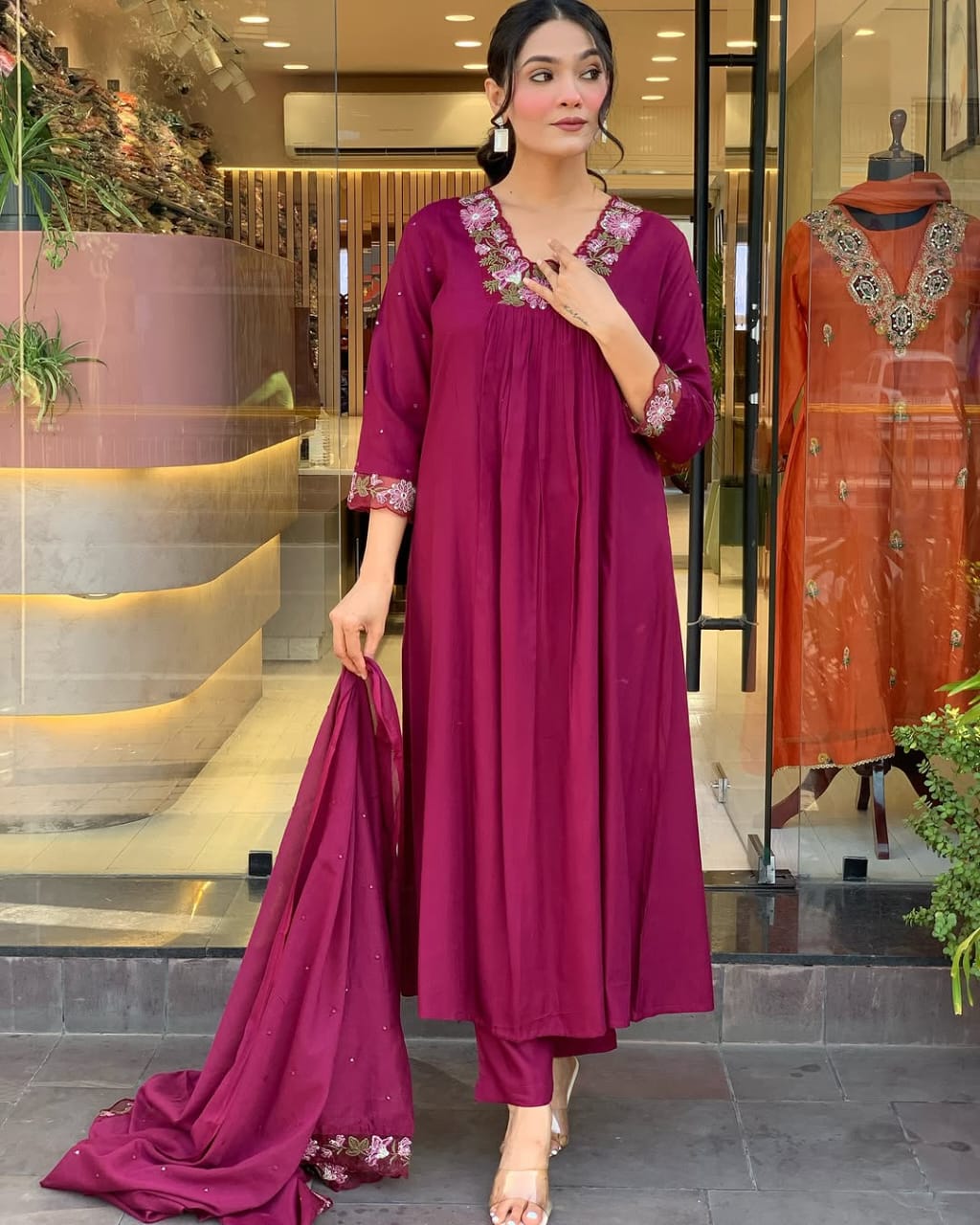 WINE COTTON ANARKALI KURTA SET WITH EMBROIDERED YOKE