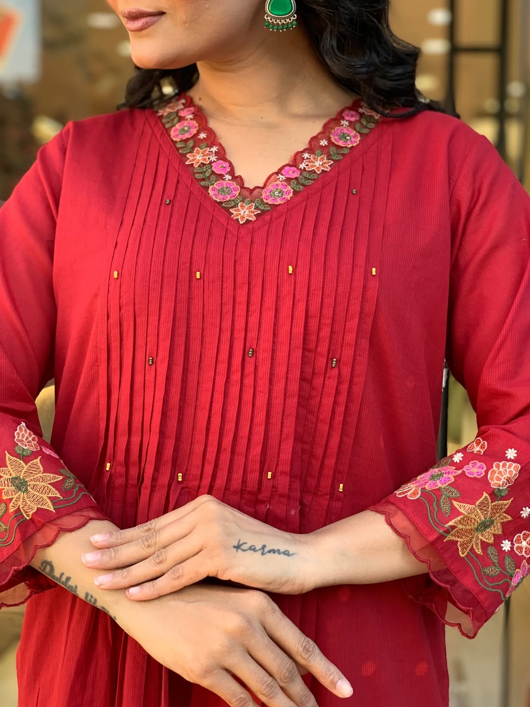 RED PURE COTTON PLEATED KURTA SET