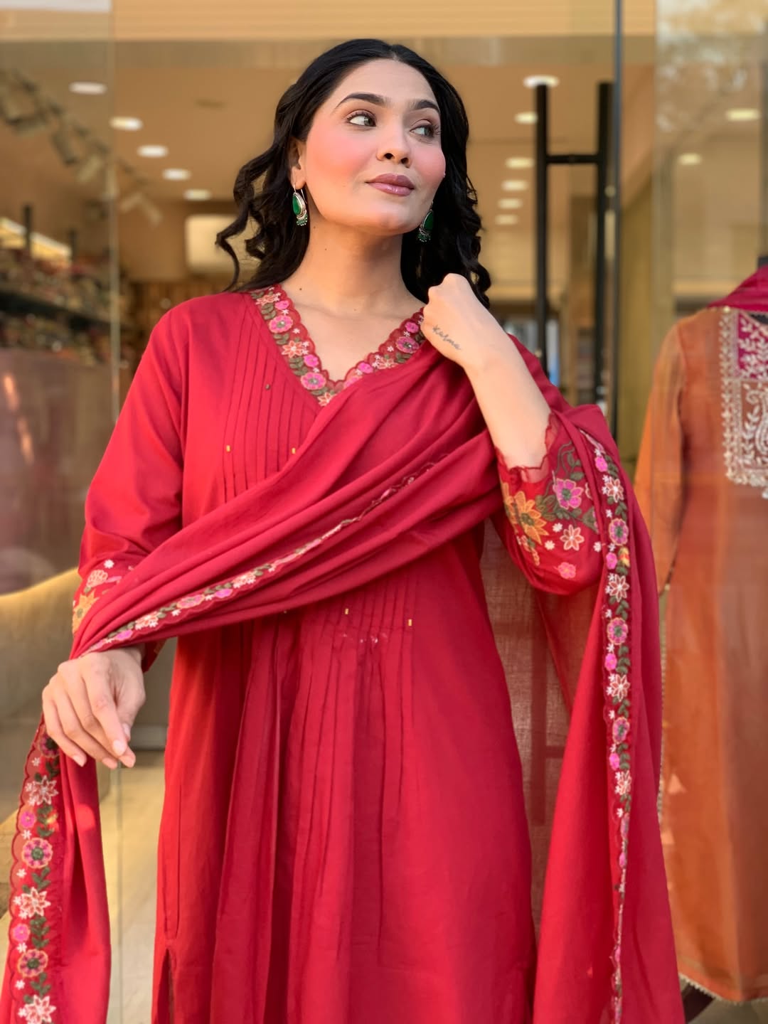 RED PURE COTTON PLEATED KURTA SET