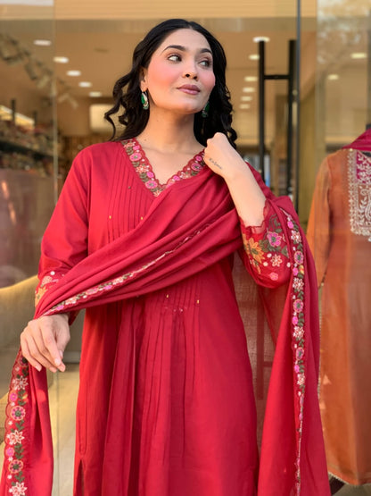 RED PURE COTTON PLEATED KURTA SET
