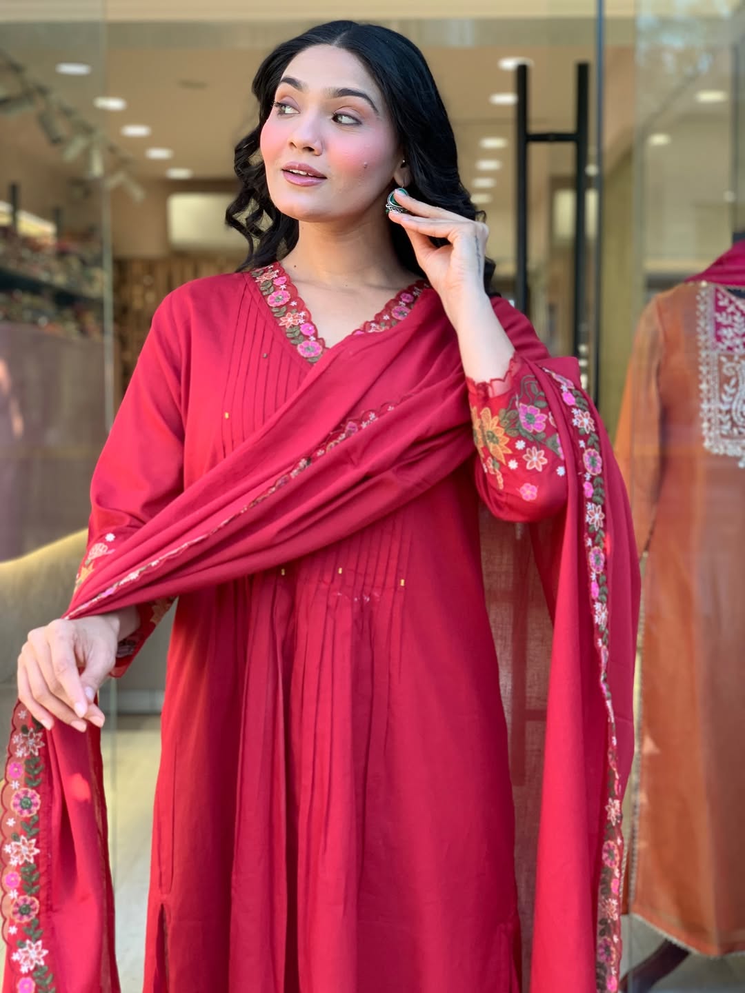 RED PURE COTTON PLEATED KURTA SET