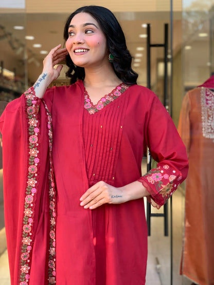 RED PURE COTTON PLEATED KURTA SET