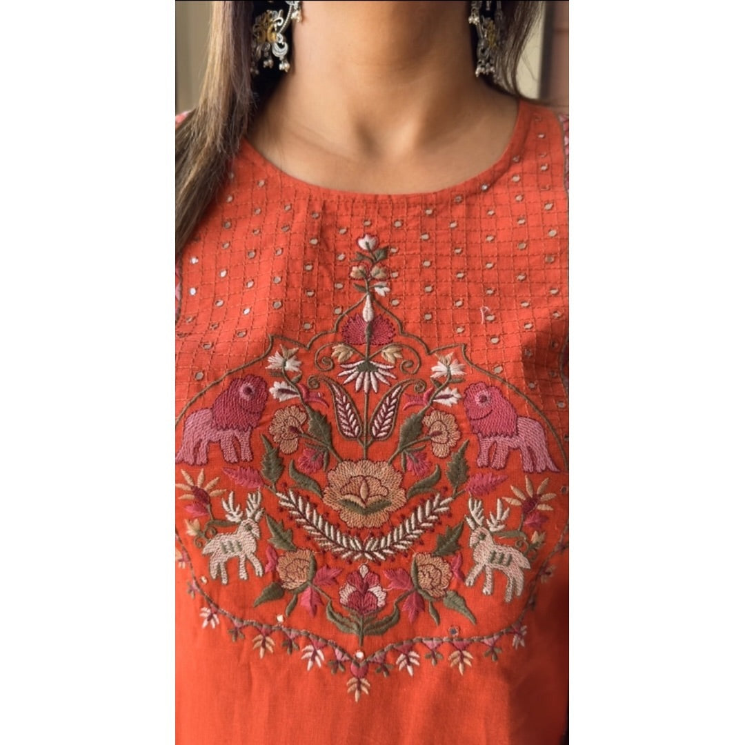 ORANGE HEAVY EMBROIDERY COTTON SLUB KURTA SET