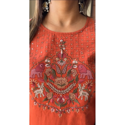 ORANGE HEAVY EMBROIDERY COTTON SLUB KURTA SET