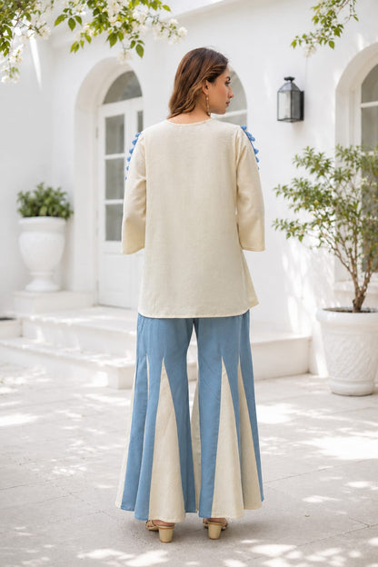 IVORY BLUE MIRROR RESHAM WORK COTTON CO-ORD SET