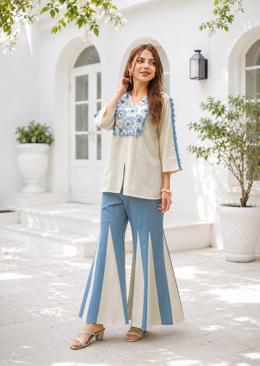 IVORY BLUE MIRROR RESHAM WORK COTTON CO-ORD SET