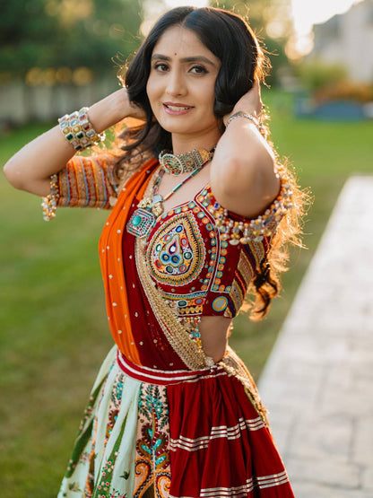 MAROON & LIGHT MINT GREEN REAL MIRROR WORK NAVRATRI LEHENGA