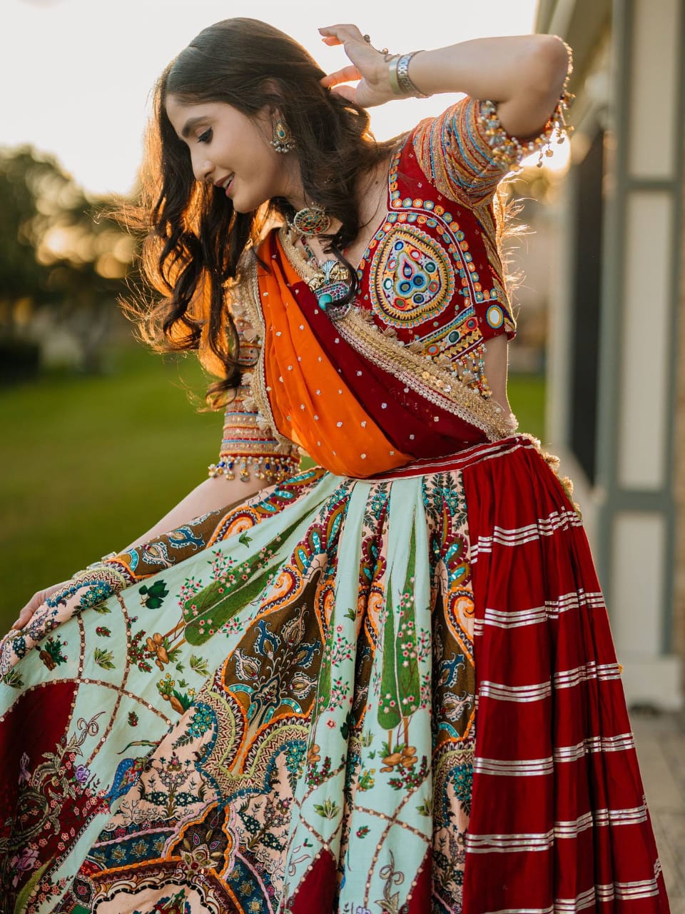 MAROON & LIGHT MINT GREEN REAL MIRROR WORK NAVRATRI LEHENGA