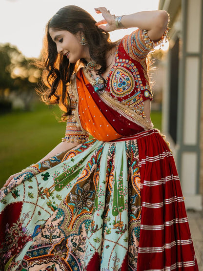 MAROON & LIGHT MINT GREEN REAL MIRROR WORK NAVRATRI LEHENGA