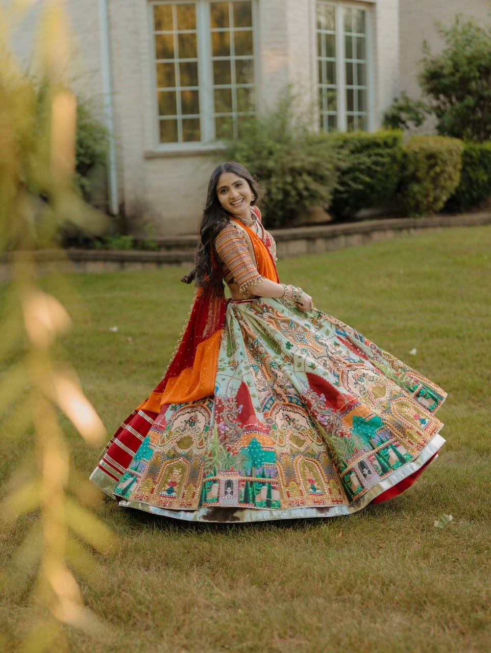 MAROON & LIGHT MINT GREEN REAL MIRROR WORK NAVRATRI LEHENGA