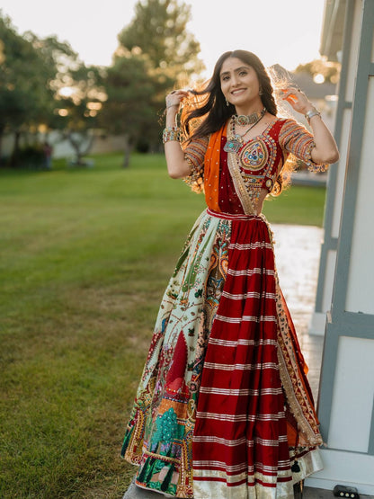 MAROON & LIGHT MINT GREEN REAL MIRROR WORK NAVRATRI LEHENGA