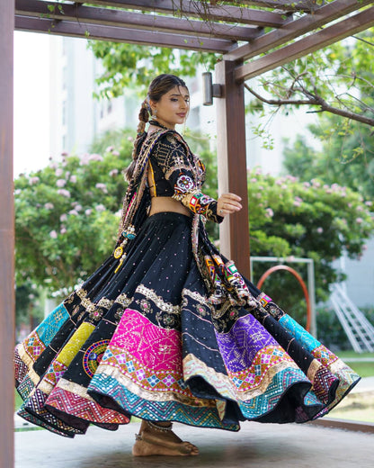 BLACK GAMTHI PATCHWORK & REAL MIRROR WORK NAVRATRI LEHENGA