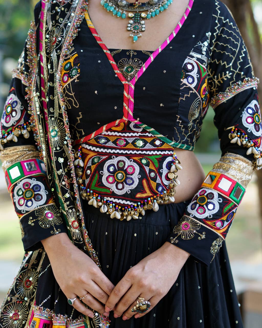 BLACK GAMTHI PATCHWORK & REAL MIRROR WORK NAVRATRI LEHENGA