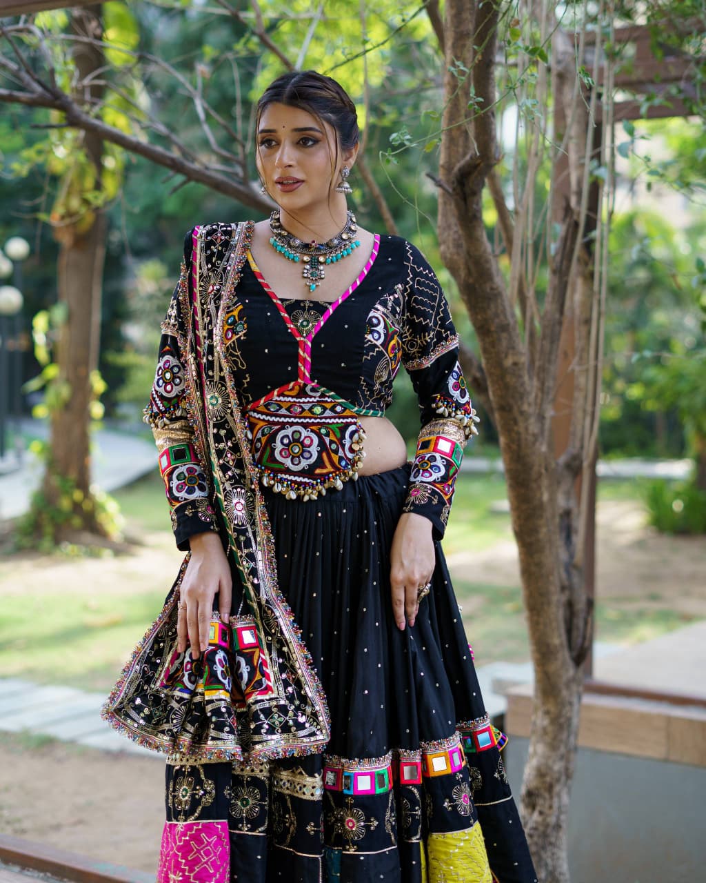 BLACK GAMTHI PATCHWORK & REAL MIRROR WORK NAVRATRI LEHENGA