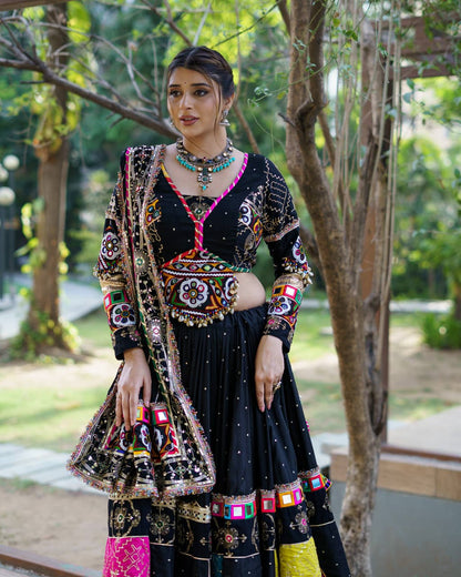 BLACK GAMTHI PATCHWORK & REAL MIRROR WORK NAVRATRI LEHENGA