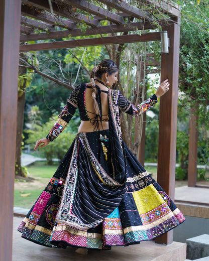 BLACK GAMTHI PATCHWORK & REAL MIRROR WORK NAVRATRI LEHENGA