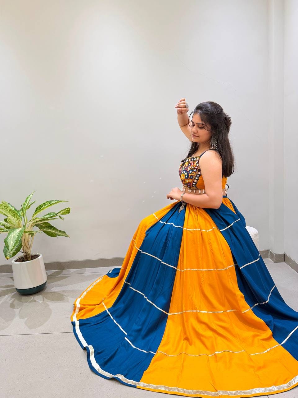 YELLOW & BLUE PANELLED RAYON NAVRATRI LEHENGA CHOLI