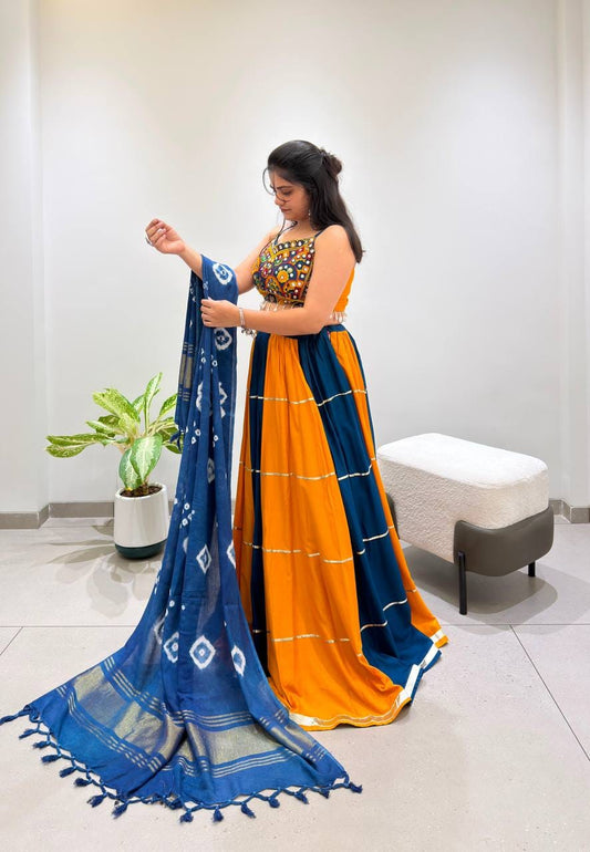 YELLOW & BLUE PANELLED RAYON NAVRATRI LEHENGA CHOLI