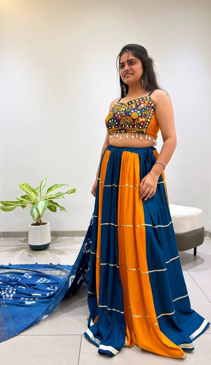 YELLOW & BLUE PANELLED RAYON NAVRATRI LEHENGA CHOLI